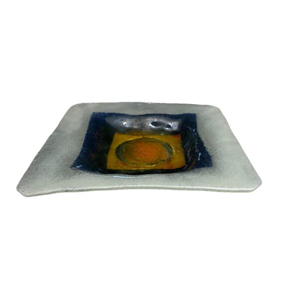Vintage Israeli Hanna Bahral Art glass Gilt Navy Orange Square Dish 8" x8" - Picture 4 of 5